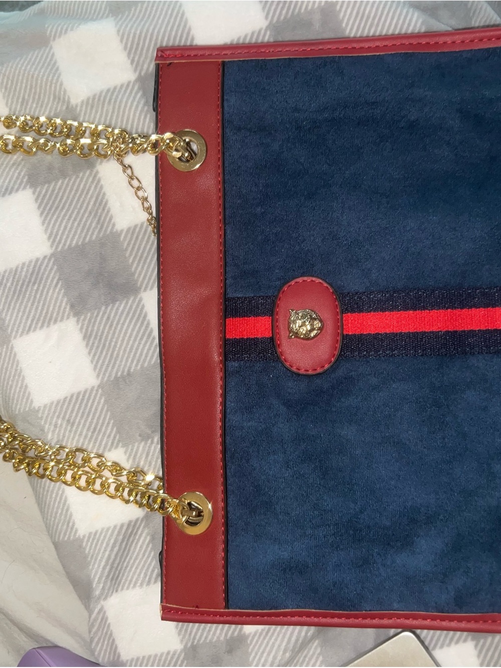 Source Unknown Navy Suede Tote with Red Trim and Gold Chain